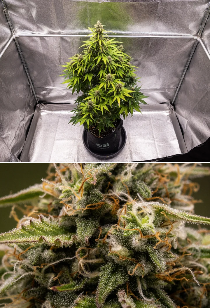 Atlas F1 grow report: viikko 8, sadonkorjuuvalmiit kukat Atlas F1 -kannabiskasvi kasvaa kangasruukussa grow reportin viikolla 8, näyttäen huurteisia kypsiä kukkia, tiheää trikominiopeitettä, oransseja emin luotteja ja sadonkorjuuvalmista kukintakasvua.