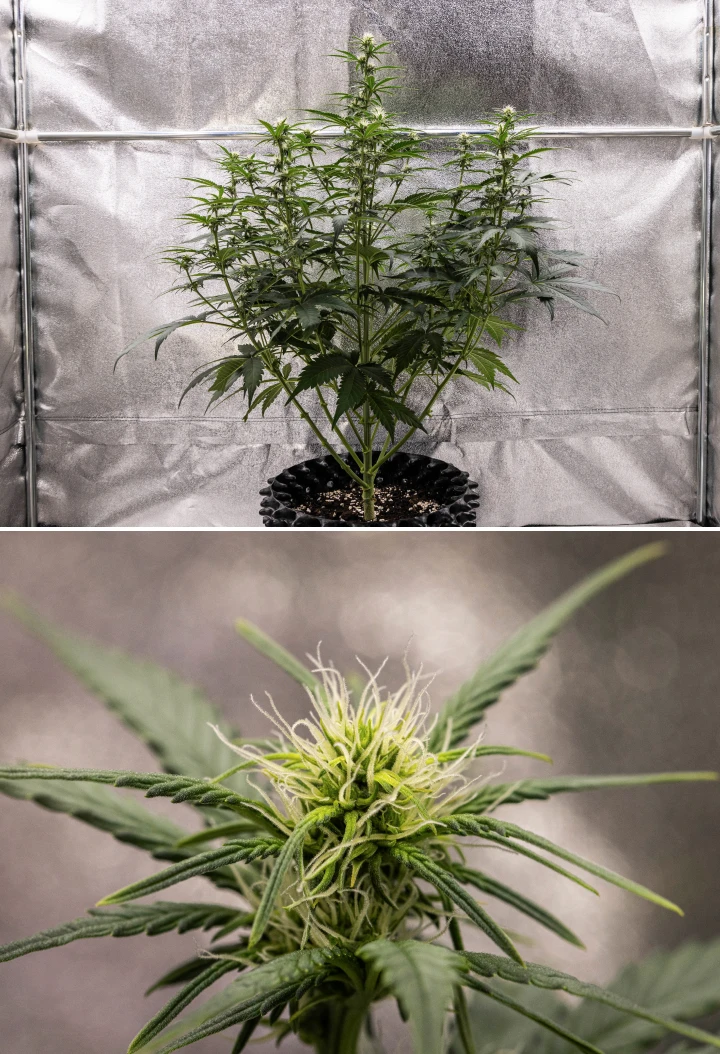 Cosmos F1 -kannabiskasvi kukinnan 2. viikolla, jossa näkyy varhainen kukkien muodostuminen, terve vihreä lehdistö, pystysuuntainen haararakenne ja kehittyvät valkoiset emit itämispäivien 33–40 välillä.