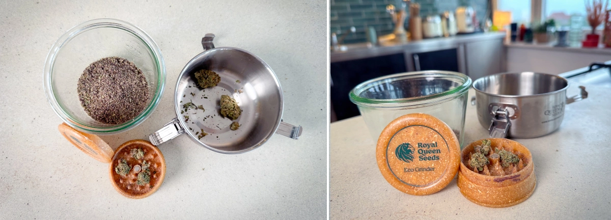 Kannabiksen valmistelu dekarboksylaatiota varten Jauhettua kannabista ja kukintoja grinderissä, lasipurkissa ja kattilassa ennen dekarboksylaatiota.