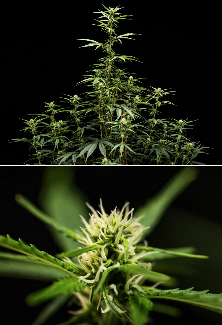 NYC Sour Diesel Auto -kannabiskasvi kukinnan viikolla 5, noin 120 cm korkea, jatkuvalla venymisellä, koko latvustoon laajenevilla kukintokohdilla ja tasaisella kukkien muodostumisella kasvatusteltan ulkopuolella