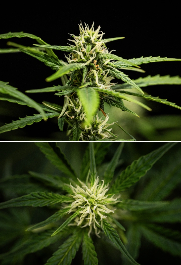 NYC Sour Diesel Auto -kannabiskasvi kukinnan viikolla 6, noin 122 cm korkea, hitaammalla pystysuuntaisella kasvulla, kiinteämmillä kukilla, varhaisella hartsin kehityksellä ja tiiviillä kukkien muodostumisella LED-valon alla