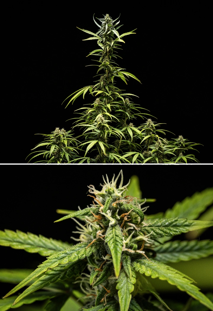 NYC Sour Diesel Auto -kannabiskasvi kukinnan viikolla 7, jossa on tiiviitä ja tahmeita kukkia, lisääntynyttä hartsintuotantoa, valon lähellä oleva pääcola, lievää lehtien vaalenemista ja tuettuja taipuvia oksia