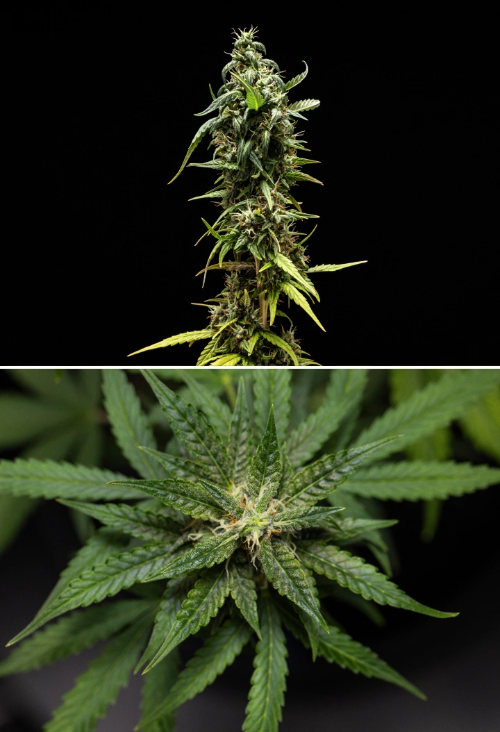 NYC Sour Diesel Auto -kannabiskasvi kukinnan viikolla 8, jossa on maitomaisia trikomeja, kompakteja aromaattisia kukkia, runsasta hartsintuotantoa ja hieman vähemmän kypsä pääcola sadonkorjuun lähestyessä