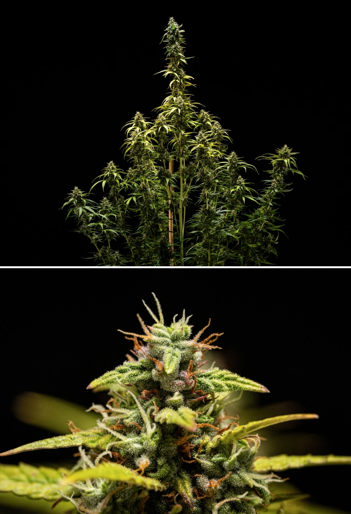 NYC Sour Diesel Auto -kannabiskasvi kukinnan viikolla 9 sadonkorjuussa, enimmäkseen maitomaisilla trikomeilla, tiiviillä kukilla, korkealla rakenteella ja lievällä valostressillä pääcolassa
