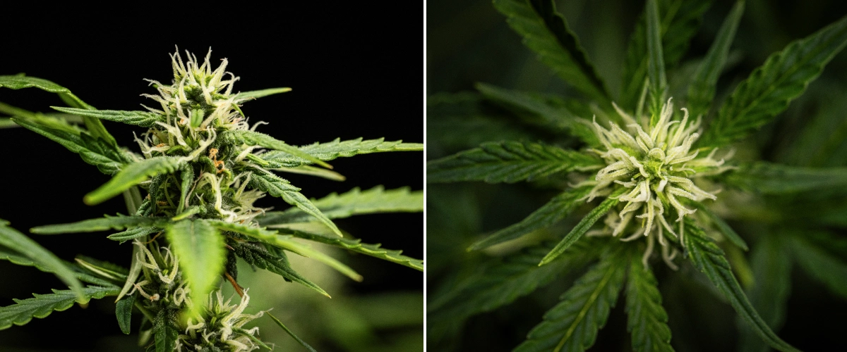 NYC Sour Diesel Auto -kannabiskasvi kukinnan viikolla 6, noin 122 cm korkea, hitaammalla pystysuuntaisella kasvulla, kiinteämmillä kukilla, varhaisella hartsin kehityksellä ja tiiviillä kukkien muodostumisella LED-valon alla