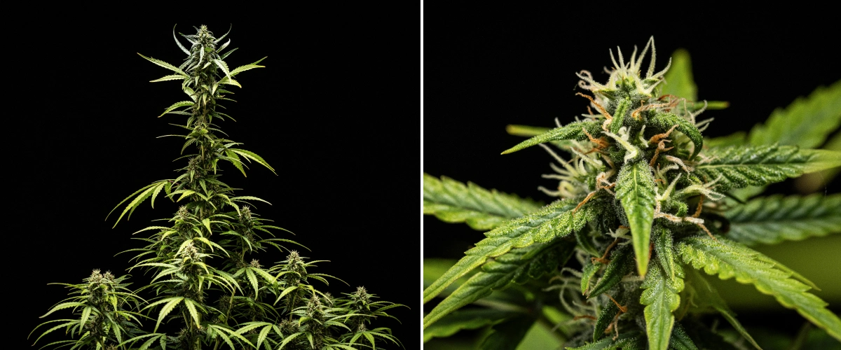NYC Sour Diesel Auto -kannabiskasvi kukinnan viikolla 7, jossa on tiiviitä ja tahmeita kukkia, lisääntynyttä hartsintuotantoa, valon lähellä oleva pääcola, lievää lehtien vaalenemista ja tuettuja taipuvia oksia