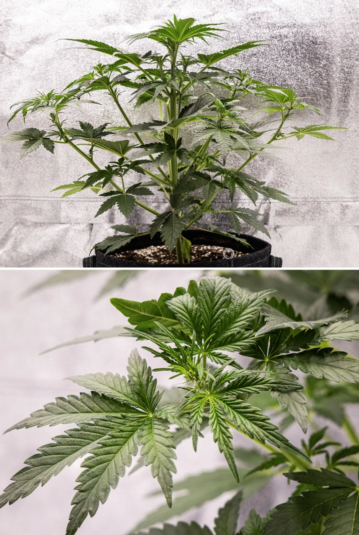 Royal Creamatic -kasvatusraportti: viikko 4, varhainen kukinta Royal Creamatic -kannabiskasvi viikolla 4, jossa näkyy kukinnan alku, terve vihreä lehvistö, tuoreet eminkarvat ja vahva oksien kehitys.