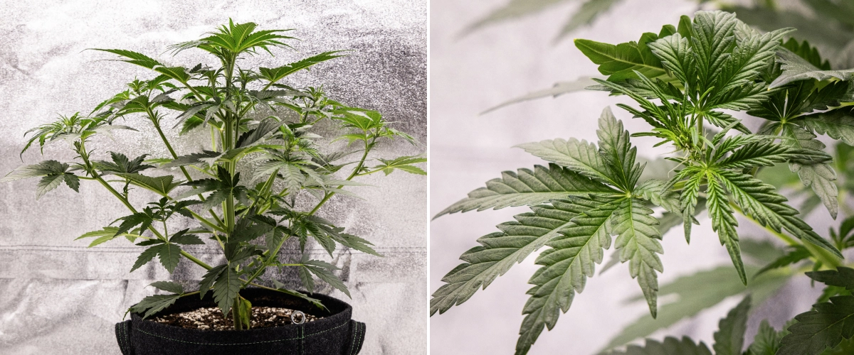 Royal Creamatic -kasvatusraportti: viikko 4, varhainen kukinta Royal Creamatic -kannabiskasvi viikolla 4, jossa näkyy kukinnan alku, terve vihreä lehvistö, tuoreet eminkarvat ja vahva oksien kehitys.