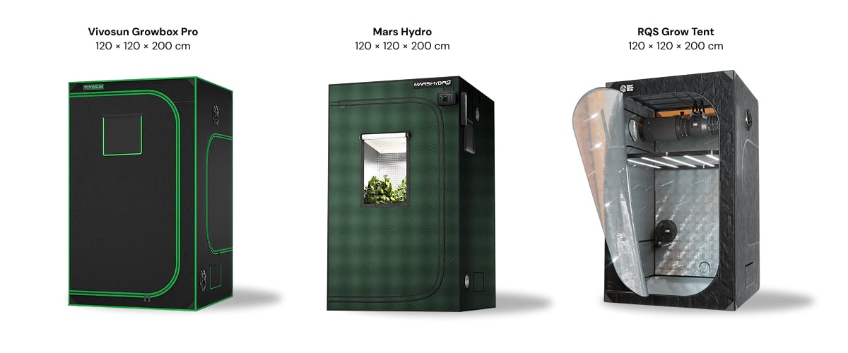 120 × 120 × 200 cm kasvatustelttojen vertailu Kolme 120 × 120 × 200 cm kasvatustelttaa vierekkäin: Vivosun Growbox Pro, Mars Hydro ja RQS Grow Tent