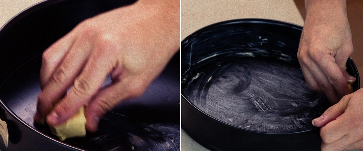 Kakun irtopohjavuoan voiteleminen voilla, ensimmäinen vaihe kotitekoisen cannabis space caken leipomisessa