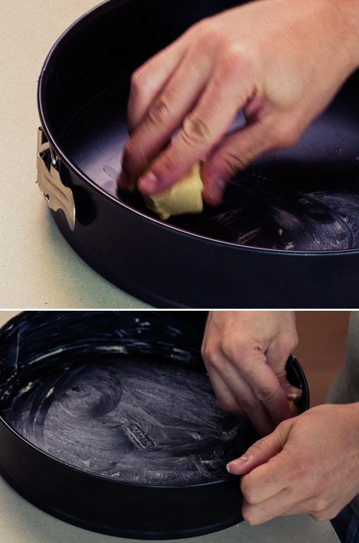 Kakun irtopohjavuoan voiteleminen voilla, ensimmäinen vaihe kotitekoisen cannabis space caken leipomisessa