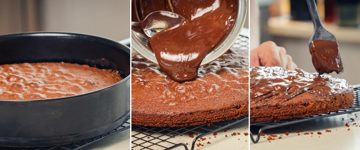 Sulaneen tumman suklaan kaataminen jäähtyneen space caken päälle ja levittäminen tasaisesti, neljäs vaihe cannabis space caken viimeistelyssä