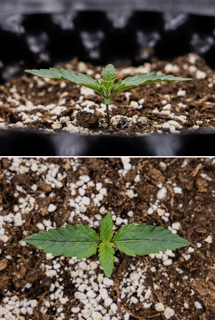 GOAT'lato Auto -kannabistaimi viikolla 1 kasvamassa BioBizz Light Mix -alustassa LED-valon alla, ensimmäiset oikeat lehdet näkyvissä ja vahva alkuvaiheen kasvu